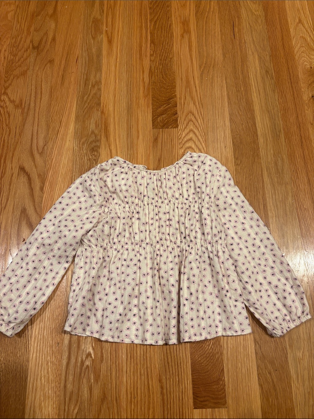 Zara Cream Smocked Peasant Top with Purple Floral Dots